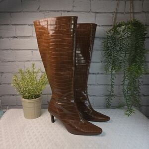 COCONUTS BY MATISSE ROBBIE KNEE HIGH BOOT CROC EMBOSSED COGNAC WOMENS 7